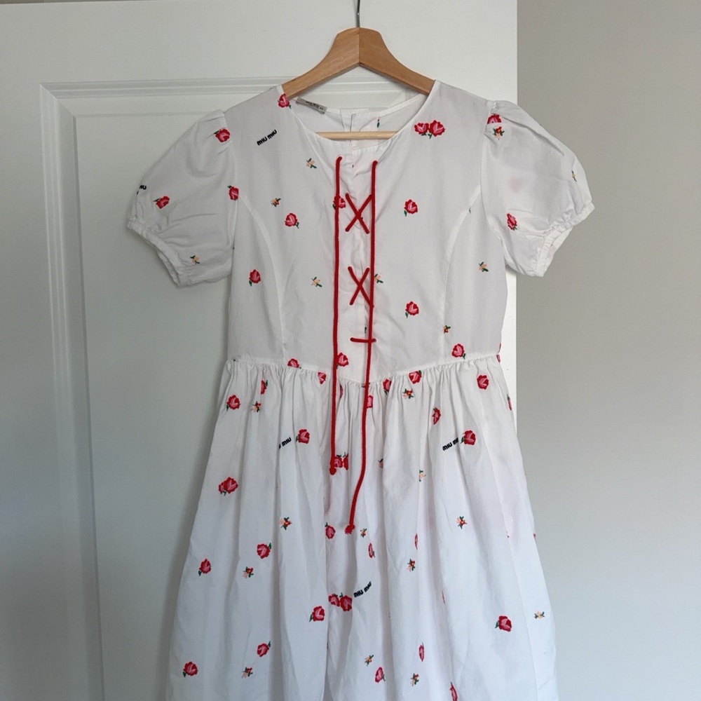 Authentic Miu Miu White Dress with Red Floral Embroidery and Red Lace-Up Front